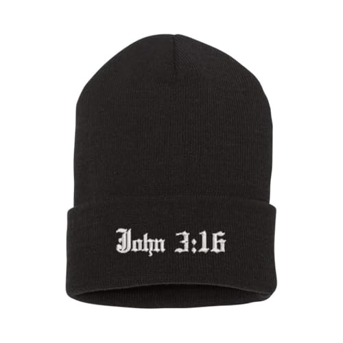 Bible Verse Beanie - John 3:16 Embroidered Christian Knit ha t- Warm Winter Faith Cap for Men & Women - color: Black