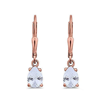 Teardrop Bridal Dangling Leverback Earrings Pear Cubic Zirconia 925 Sterling Silver - color: Rose Tone, Simulated Cubic Zirconia
