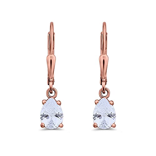 Teardrop Bridal Dangling Leverback Earrings Pear Cubic Zirconia 925 Sterling Silver - color: Rose Tone, Simulated Cubic Zirconia