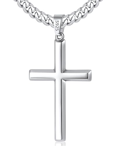 925 Sterling Silver Cross Necklace for Men, 18k Gold Plated Sterling Silver Cross Necklace with 4mm Stainless Steel Cuban Link Chain for Men, Mens Chain Necklaces 16-26 Inch - color: Silver Cross Pendant, size: 16 Inch