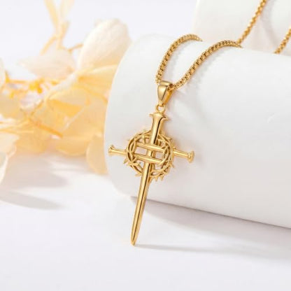 14K Gold Plated Cross Pendant Necklace Christian Jewelry Religious Gift - color: B02-Nail Cross Gold