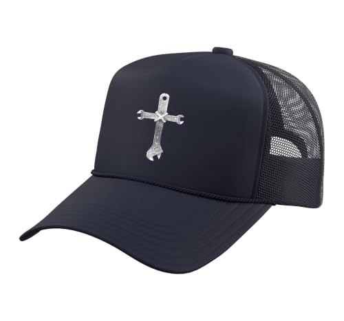 Mechanic Cross of Wrenches Inspiring Christian Faith Trucker Hat with Adjustable Mesh Back - color: Navy Blue