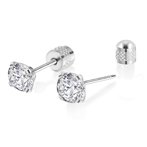 Titanium Earrings Push-in Threadless Flat Back Stud Earrings for Women Men, Cartilage Earring Hypoallergenic Cubic Zirconia Earrings Studs for Helix Tragus Piercing Jewelry - color: Silver-8mm
