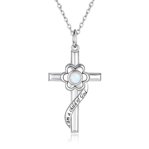 I am a Child of God Necklace - 925 Sterling Silver Birthstone Flower Cross Pendant Religious Jewelry Baptism First Communion Confirmation Gifts for Girls - style: Oct.
