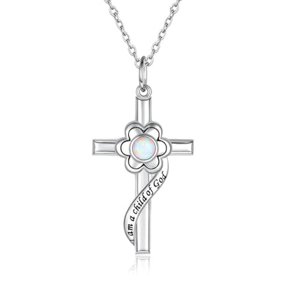 I am a Child of God Necklace - 925 Sterling Silver Birthstone Flower Cross Pendant Religious Jewelry Baptism First Communion Confirmation Gifts for Girls - style: Oct.