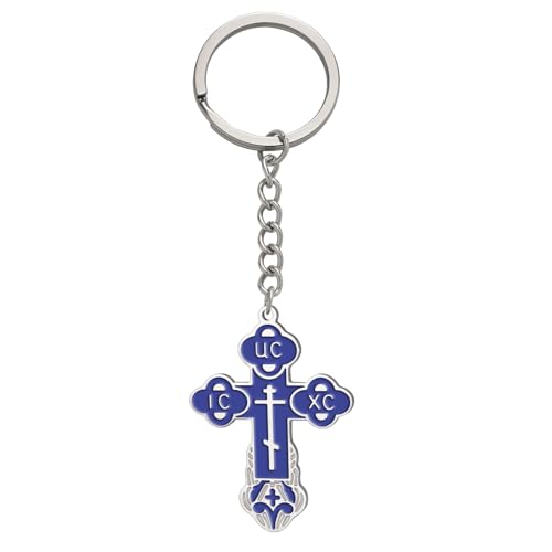 TEAMER Cross Keychain Russian Orthodox Crucifix Eastern Church Keychain Religious Christian Prayer Jewelry for Men Women - color: Blue Silver