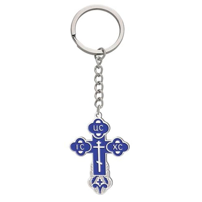 TEAMER Cross Keychain Russian Orthodox Crucifix Eastern Church Keychain Religious Christian Prayer Jewelry for Men Women - color: Blue Silver