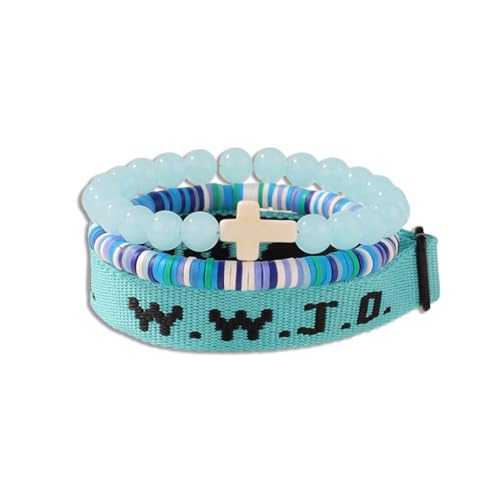 WWJD Bracelets Set WWJD Wristbands Christian Cross Bracelet Stackable Clay Bead Bracelets Stretch Glass Beaded Inspirational Christian Jewelry Gift for Couples Women Men - color: 3PCS Blue