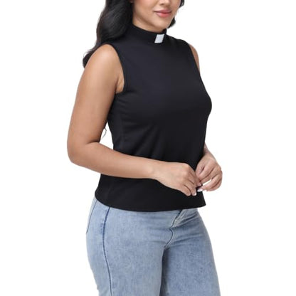 Women's Sleeveless Clergy Shirt - Tab Collar Keyhole Back Pastor Minister Blouse with Removable White Tabs - size: 3X-Large