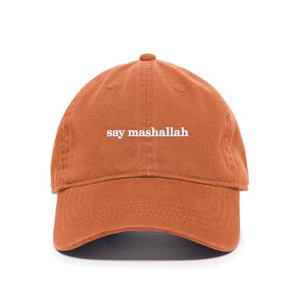 DSGN By DNA Say Mashallah Embroidered Hat Islamic Muslim Faith Inspired Cotton Baseball Cap Adjustable Dad Hat for Men&Women - color: Orange