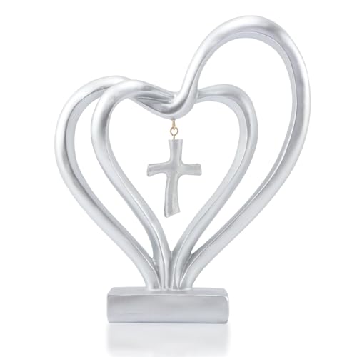 Double Heart Sculpture, Romantic Resin Sculpture of Two Hearts and Cross for Table Shelf Ornaments, Double Heart Figurines for Valentines Anniversary Wedding Couple Gift(COLOR:silver)
