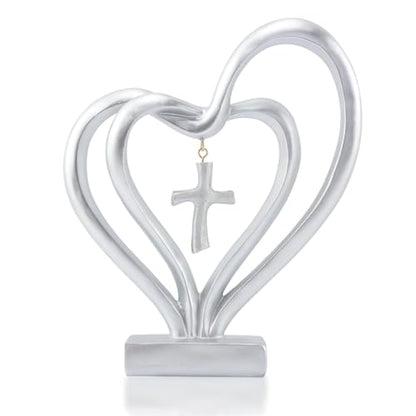 Double Heart Sculpture, Romantic Resin Sculpture of Two Hearts and Cross for Table Shelf Ornaments, Double Heart Figurines for Valentines Anniversary Wedding Couple Gift(COLOR:silver)