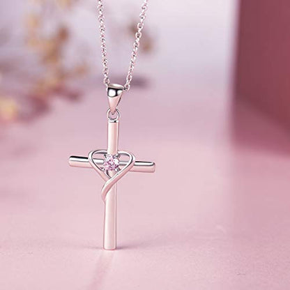 AmorAime 925 Sterling Silver Cross Necklace for Women Men 14K Gold Plated 5A CZ Birthstone Necklaces for Holiday - color: J.Pink-October-Tourmaline