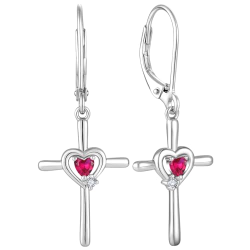 Cross Earrings 925 Sterling Silver Opal Crucifix Dangle Drop Earring Heart Birthstone Religious Jewelry for Women - color: 07-ruby-Jul