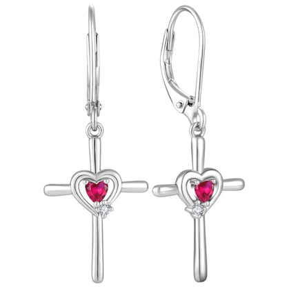 Cross Earrings 925 Sterling Silver Opal Crucifix Dangle Drop Earring Heart Birthstone Religious Jewelry for Women - color: 07-ruby-Jul