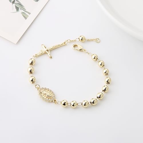 HZMAN Brass Virgin Mary Cross Rosary Bead Bracelet for Women - color: Gold Bead Crucifixed & Mary