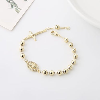 HZMAN Brass Virgin Mary Cross Rosary Bead Bracelet for Women - color: Gold Bead Crucifixed & Mary