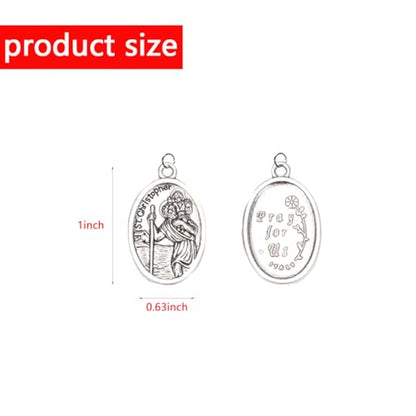 ASIJUNTYECHO St Christopher Protect Us Medal Charms, Vintage Silver Oval Religious Medals, 12Pcs Holy Catholic Rosary Pendants for DIY Jewelry Making Necklace Bracelet Keychain
