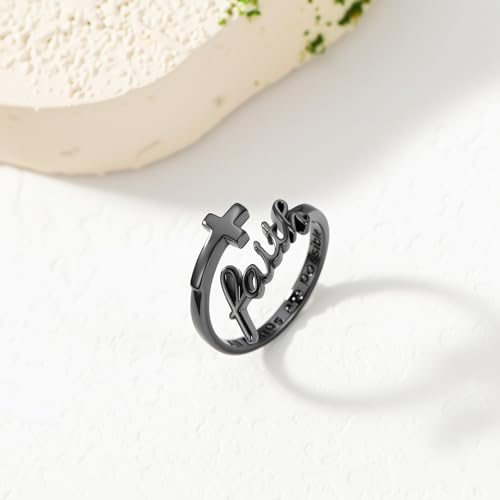 Cross Rings Faith Ring 925 Sterling Silver Adjustable Cross Wrap Ring Christian Fashion Band for Women - color: A-Black Gold