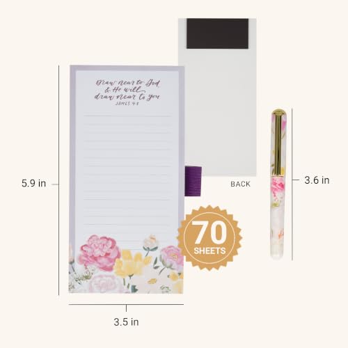 Christian Art Gifts Magnetic Notepad & Pen Set for Women, Draw Near to God - color: Purple & Pink Floral/Draw Near