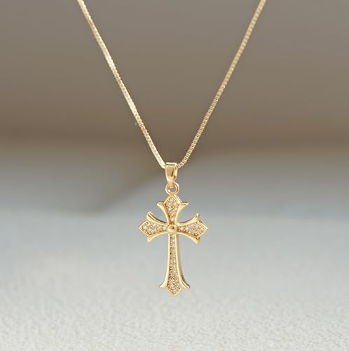 Gold Cross Necklace for Women, 14K Gold Plated - style: dainty CZ Cross