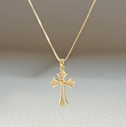Gold Cross Necklace for Women, 14K Gold Plated - style: dainty CZ Cross