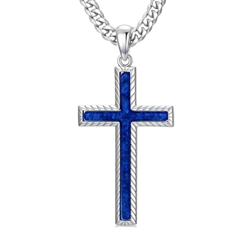 MRENITE Silver Natural Stone Cross Necklace, Classic Latin Cross Pendant Necklace for Unisex Women Man, Vintage Crystal Quartz Cross Necklace with 20+2 Inches Adjustable Cuban Chain - style: Lapis