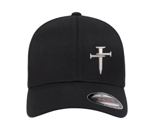 Nail Cross Christian Fitted Side Embroidered Hat Baseball Cap - color: Black Curved Brim, size: Large-X-Large