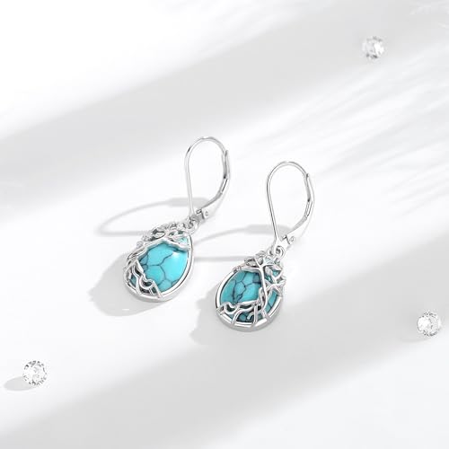Vito Moonstone Turquoise Drop Earrings for Women, 925 Sterling Silver Hooks - style: Tree of Life-Turquoise