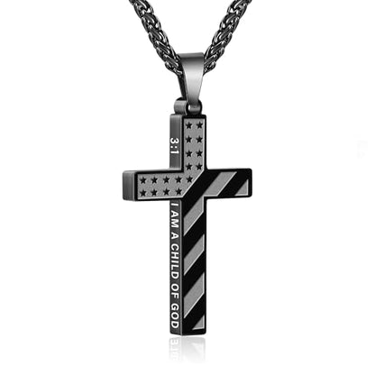 Cross Necklace for Men, 316L Stainless Steel American Flag Bible Verse Christmas Christian Catholic Baptism Confirmation Gifts 22+2 Inches - color: Black, style: 3:1 I AM A CHILD OF GOD