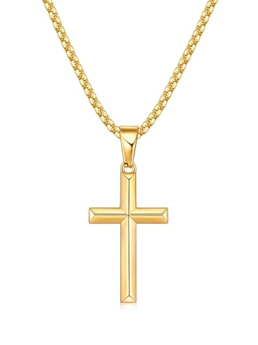 Fiusem Beveled Edge Cross Necklace for Men - size: 24 inches, style: Gold cross: 1.4"*0.8"