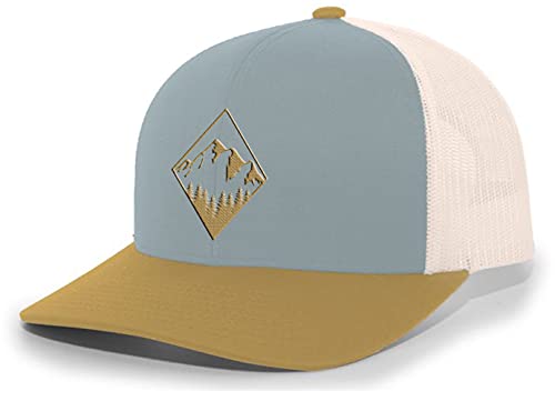 Trenz Shirt Company Men's Retro Geometric Diamond Mountain Outdoors Woodland Embroidered Mesh Back Trucker Hat - color: Smoke Blue/Amber/Beige