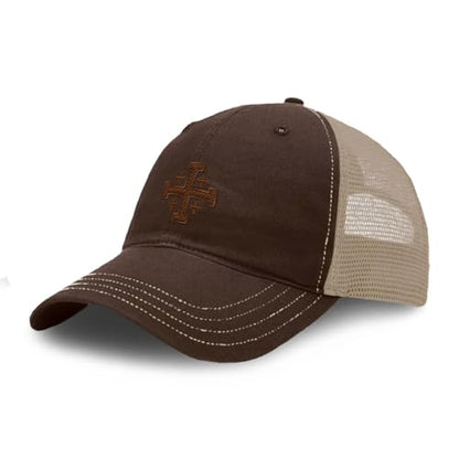 Richardson Soft Mesh Cap Hat Embroidered Jerusalem Cross Crusader Christ Jesus Trucker Hats for Men & Women - color: Brown Khaki Design Only