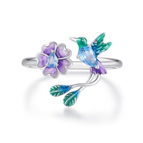 MUNDELL Blue Turtle Koi Fish Adjustable Ring Bird Animal Open Ring Seahorse Chameleon Wrap Finger Rings for Women Statement Ring - color: Floral Bird