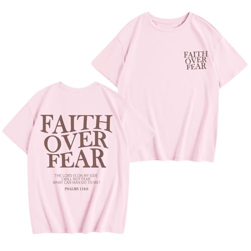 Girls Faith Over Fear Christian Shirts for Kids Jesus God Bible Verse Religious Tshirt Cute Preppy Graphic Tees Tops - color: Pink, size: 11-12 Years