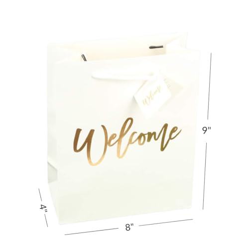 Andaz Press Large White Gold Foil Stamped Welcome Bags for Guests, Bulk Set of 25 Hotel Guests Gift Bags, Church, Destination Wedding, Includes White Tissue Paper and Wedding Welcome Bag Notes