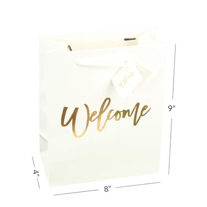 Andaz Press Large White Gold Foil Stamped Welcome Bags for Guests, Bulk Set of 25 Hotel Guests Gift Bags, Church, Destination Wedding, Includes White Tissue Paper and Wedding Welcome Bag Notes