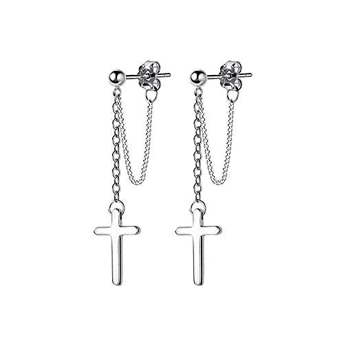 Cross Dangle Drop Earrings 925 Sterling Silver Chain Dropping for Women Girls Punk Ball Studs Hypoallergenic Jewelry - style: Silver