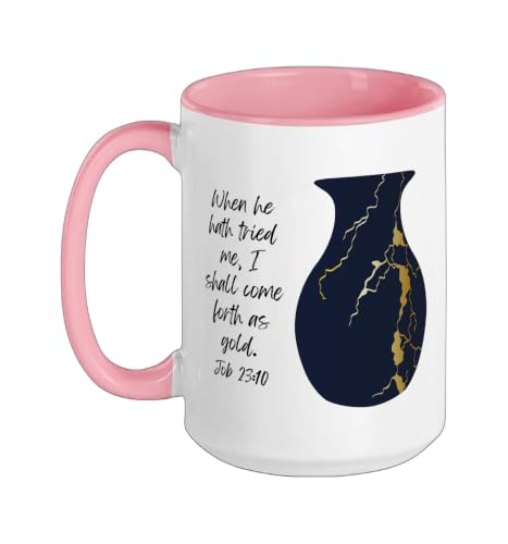 Bible Verse Jesus Christ Kintsugi Vase Gold Job Christian Ceramic Mug, Pink/White, 15oz - color: Pink/White, size: 15 Ounces