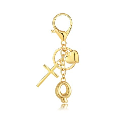 Initial Bag Charms Keychains Women, Cross Cute Heart Letter Key Chain Purse Backpack Handbags Keychain Christian Gift - color: Gold Q