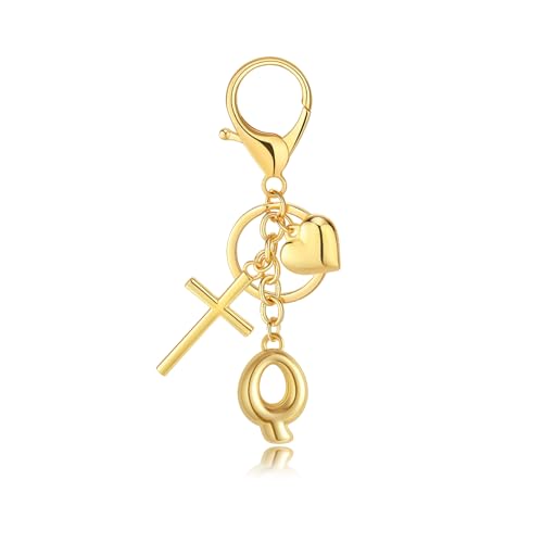 Initial Bag Charms Keychains Women, Cross Cute Heart Letter Key Chain Purse Backpack Handbags Keychain Christian Gift - color: Gold Q