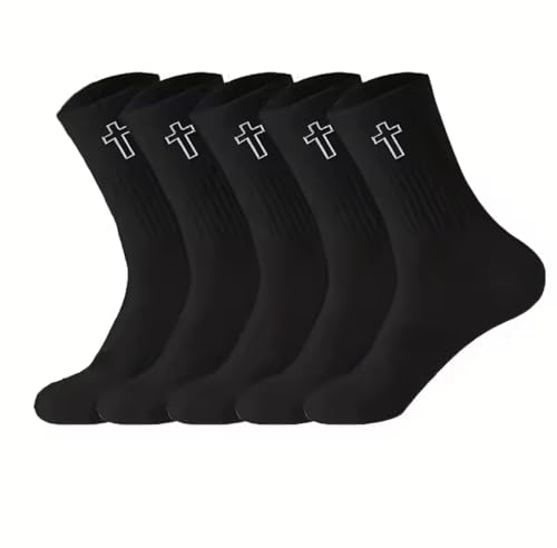 Cross Embroidered Crew Socks, 5 Pairs, White and Black, Ribbed Cotton Blend, Unisex Athletic Style - color: Black