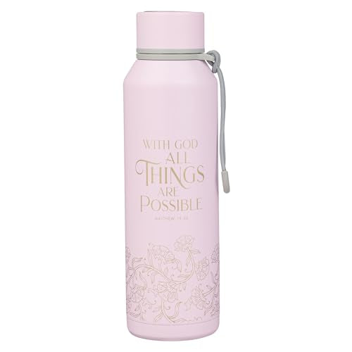 Christian Art Gifts Insulated Stainless Steel Water Bottle: All Things are Possible Bible Verse, Encouraging Gift for Women, Pink & Gold Floral Design, Leak-Proof Twist Cap, Carry Loop, 24 oz. - color: Pink Floral/All Things are Possible
