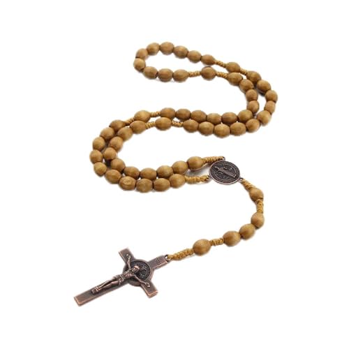 tenghong2021 Wooden Christian Catholic Rosaries Necklace Prayer Beads Holy Cross Catholic Wood for Men Women Pastor - color: Light Brown