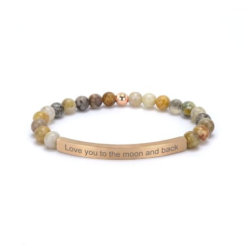 Inspirational Christian Bracelet for Women, Bamboo Leaf Agate Beaded Bible Verse Jewelry, 18K Gold Plated Religious Faith Gift, Scripture Encouragement Jewelry for Her - color: Love you to the moon and back-Bamboo Agate Rose Gold