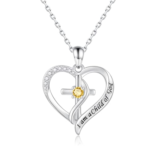 925 Sterling Silver I Am a Child of God Scripture Pendant with Birthstone Heart Cross Communion Necklace for Women Christian Faith Jewelry Gift - color: November