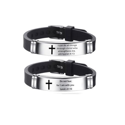 2Pcs Inspirational Quote Cross Bracelets Faith Christian Bible Verse Silicone ID Wristband Religious Bracelet Set Gift for Men Women - style: BR020-1/015
