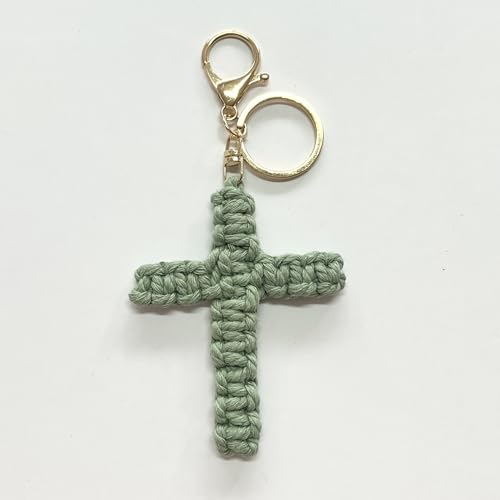 Pingyongchang Handmade Weave Cross Keychain Boho Macrame Jesus Christian Charm Keychain for Women Men - color: Green