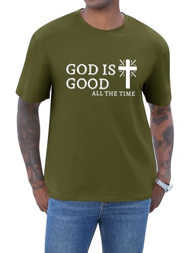 Mens Christian Shirts Shorts Sleeve Crewneck Jesus Cross Printed T Shirts Loose Graphic Tee - color: Army Green, size: Small