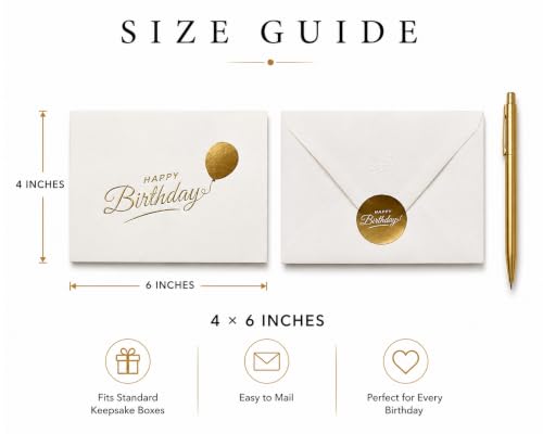 Happy Birthday Cards with Envelopes and Stickers, 24 Pack, Cream Greeting Cards with Gold Foil Balloon Design, Elegant Birthday Card Set for Friends, Family, Clients (Cream) - color: Cream